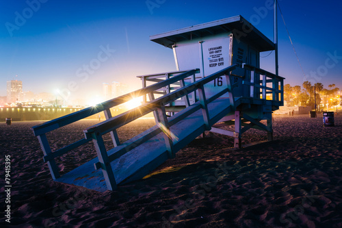 A lifeguard tower on the beach at night, in Santa Monica, Califo