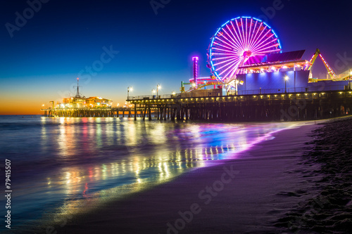 The Santa Monica Pier at night, in Santa Monica, California.