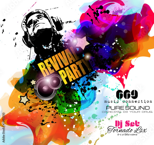Disco Night Club Flyer layout with Disck Jockey shape and music