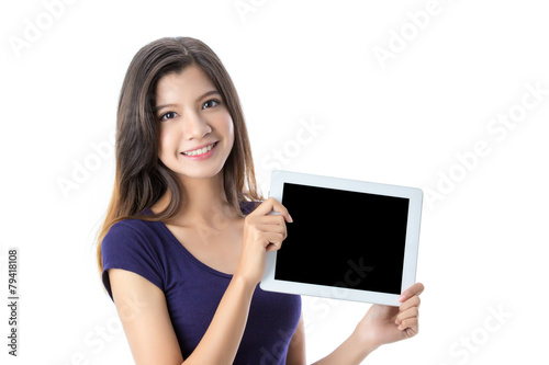 Beautiful Asian girl holding digital tablet on isolated