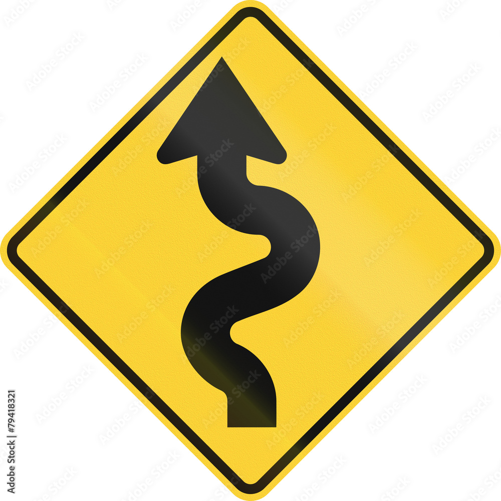 US road warning sign: Winding road, left version US road warning sign: Winding road, left version