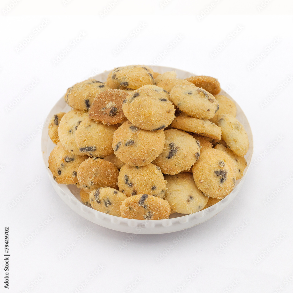 Mini chocolate chip cookies isolated on white background