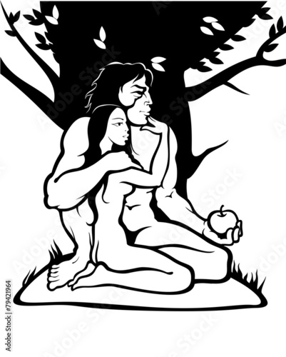 Silhouette Adam and Eve with tree. Vector. Ethnic style.