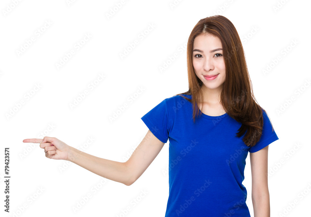 Woman with finger point aisde Woman with finger point aisde