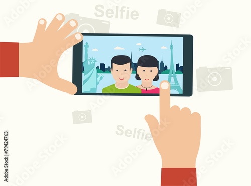 Selfie Photo on Smart Phone Сoncept on White Background. Young