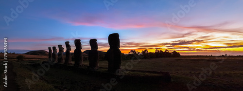 Ahu Akivi at sunset, Easter island (Rapa Naui), Chile