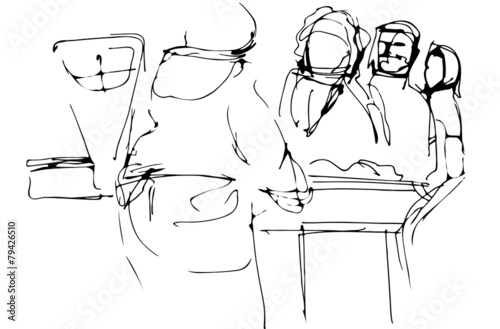 sketch of all the people at the counter with the seller