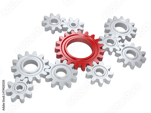 White gears and one red. Teamwork and leadership concept.