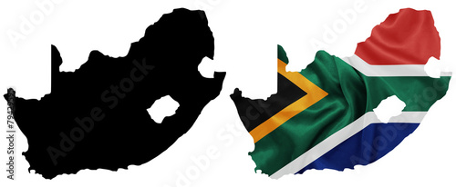 South Africa National flag on map contour with silk texture