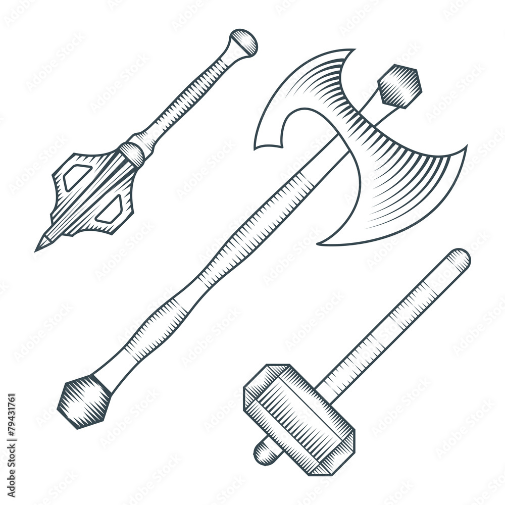 vector black medieval axe warhammer mace engraving illustration Stock