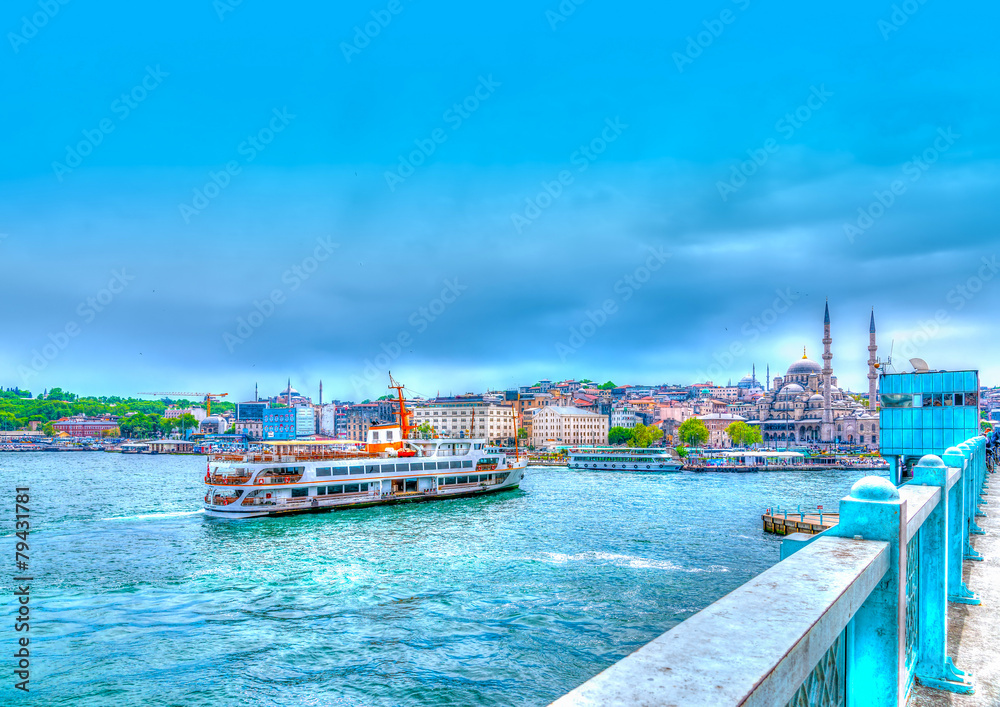 View from Galata bridge at Istanbul in Turkey. HDR processed