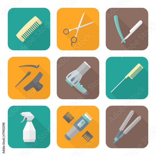 vector hairdresser equipment colored flat design icons set