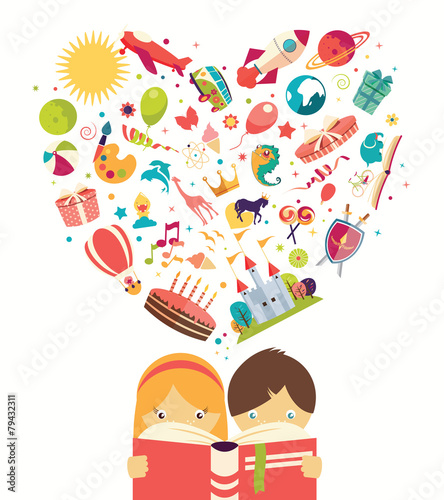 Imagination concept, boy and girl reading a book objects flying