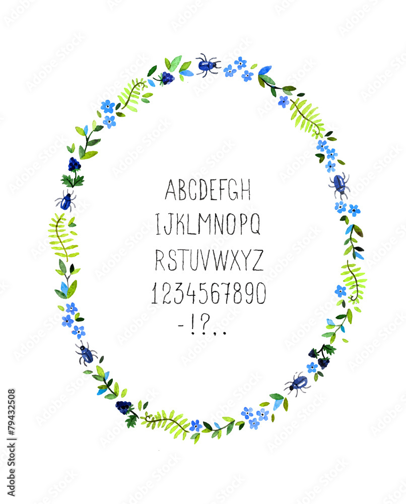 Watercolor floral frame with alphabet. Vector illustration