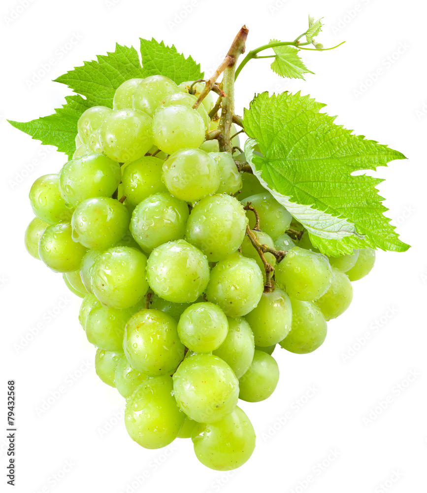 Fresh green grapes with leaves. Isolated on white Fresh green grapes with leaves. Isolated on white