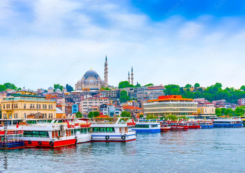 Fototapeta premium The port of Istanbul at Bosporus channel in Turkey