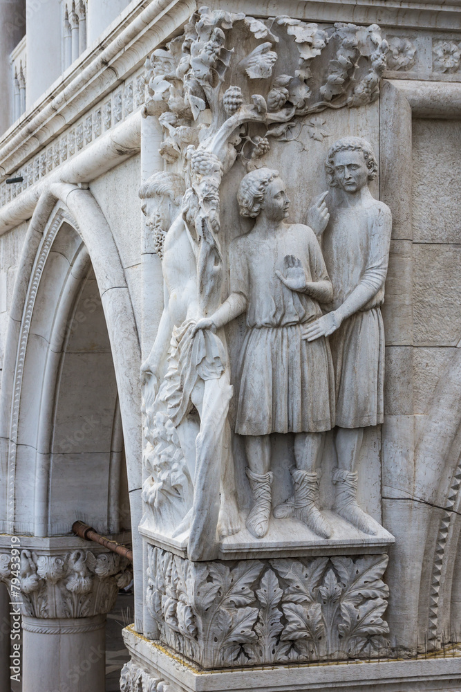 Drunkenness of Noah - sculpture at Doge's Palace column, Venice
