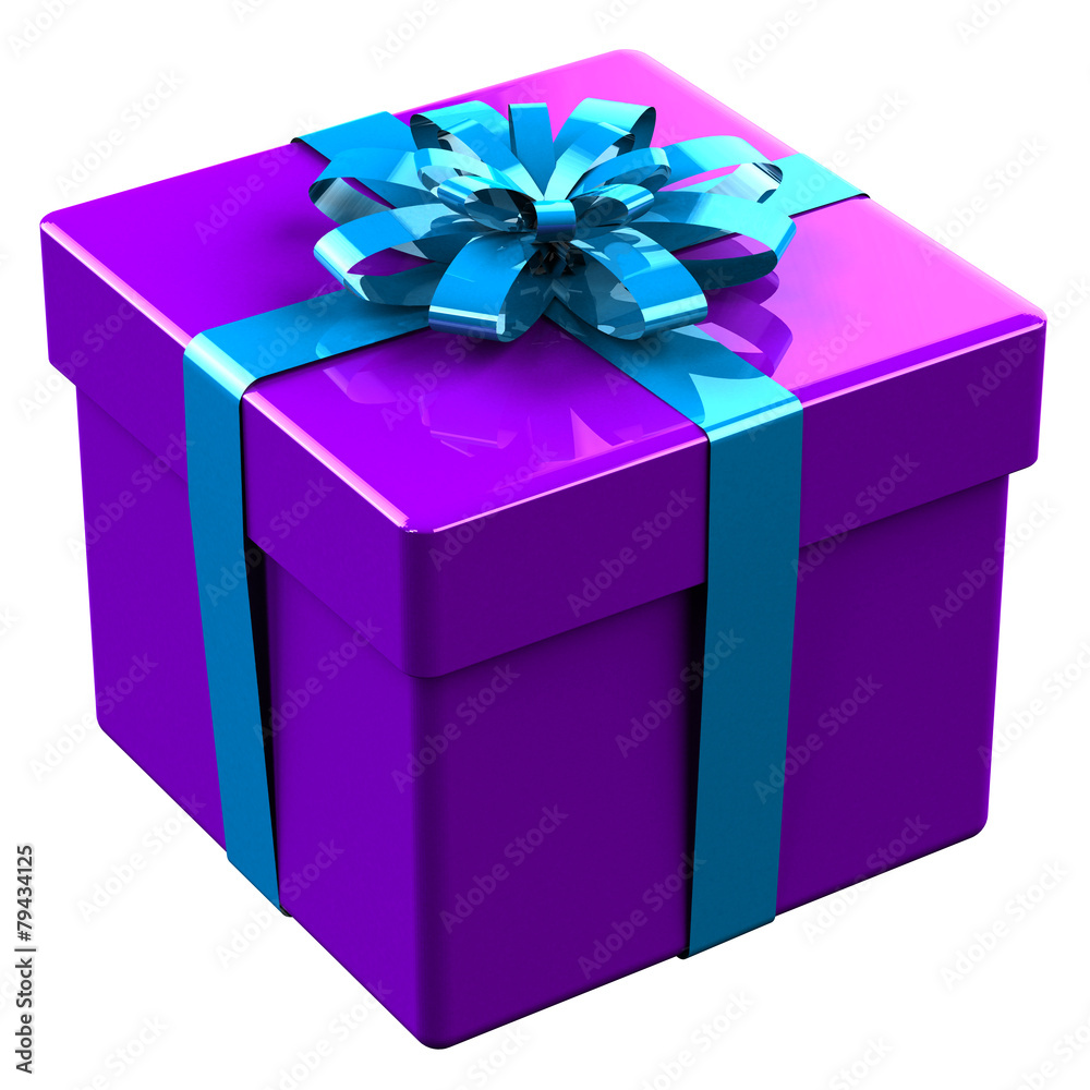 Obraz premium Purple gift box tied blue ribbon with a bow