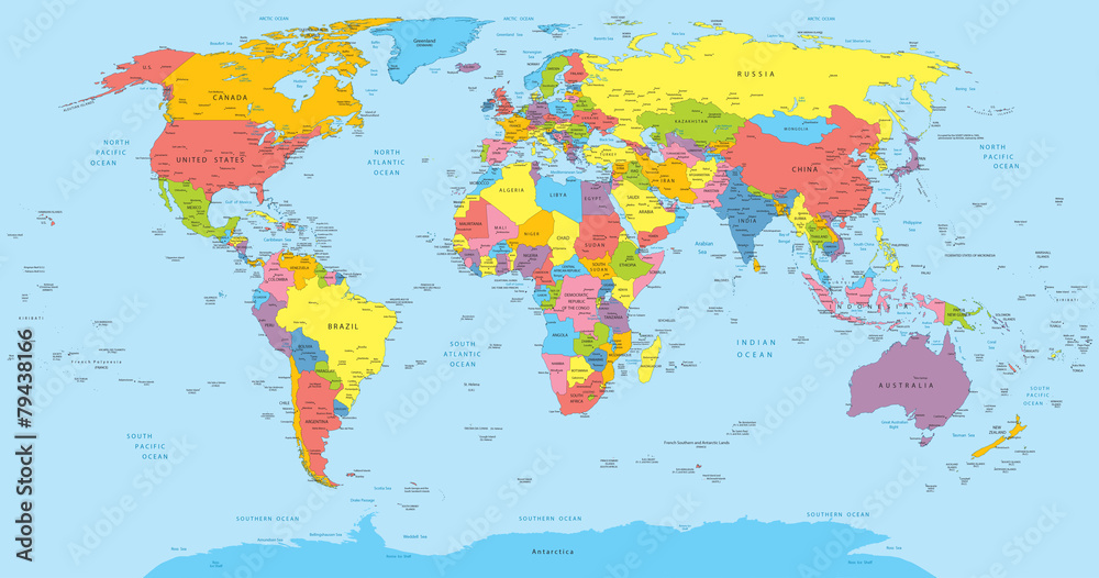 World map with countries, country and city names