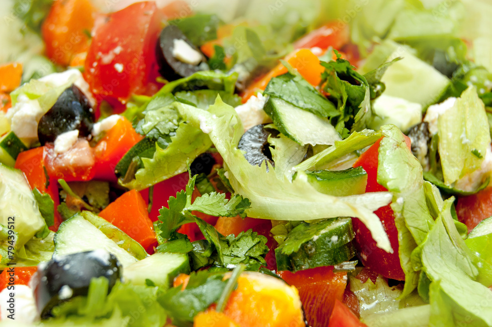 Salat with olives very closeup shot