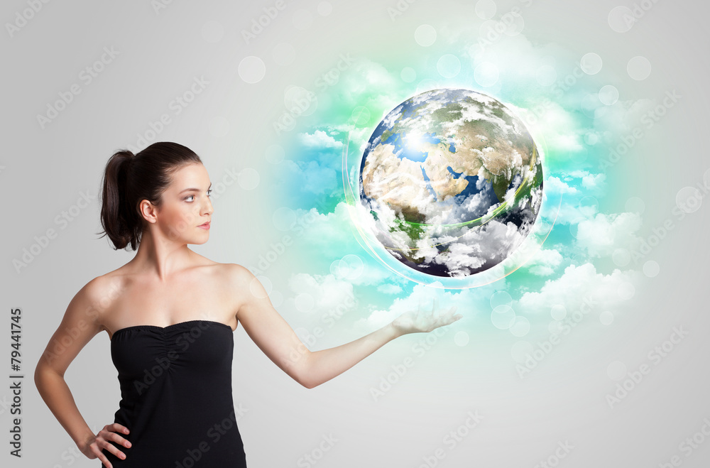 Young woman with earth and cloud concept Young woman with earth and cloud concept