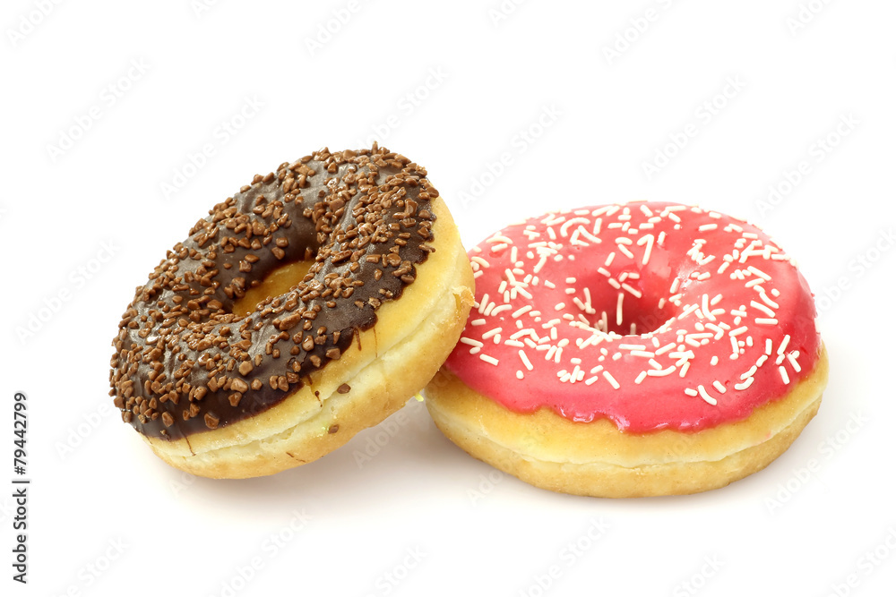 two colorful glazed donuts with sprinkles on a white background