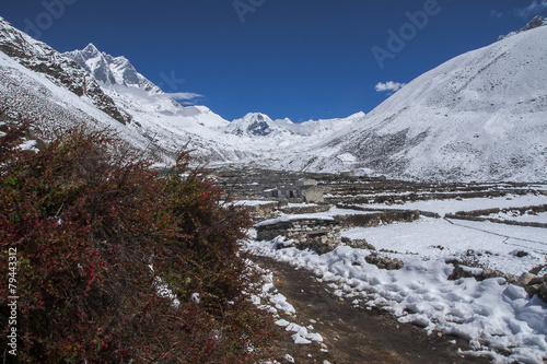 view of Island Peak in the village of Dingboche
