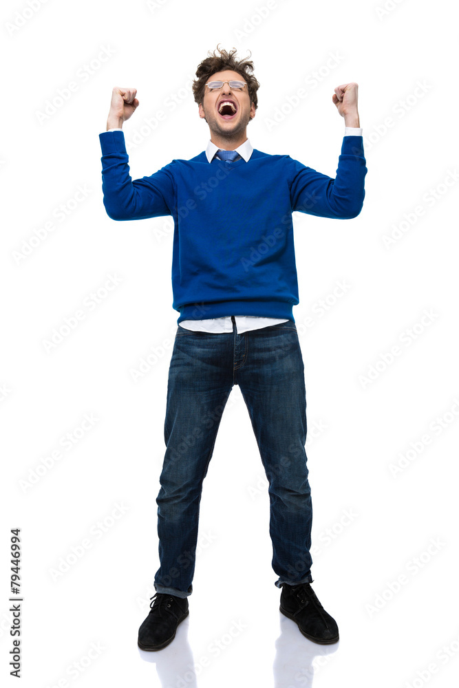 Full length portrait of a man shouting with hands raised up Full length portrait of a man shouting with hands raised up