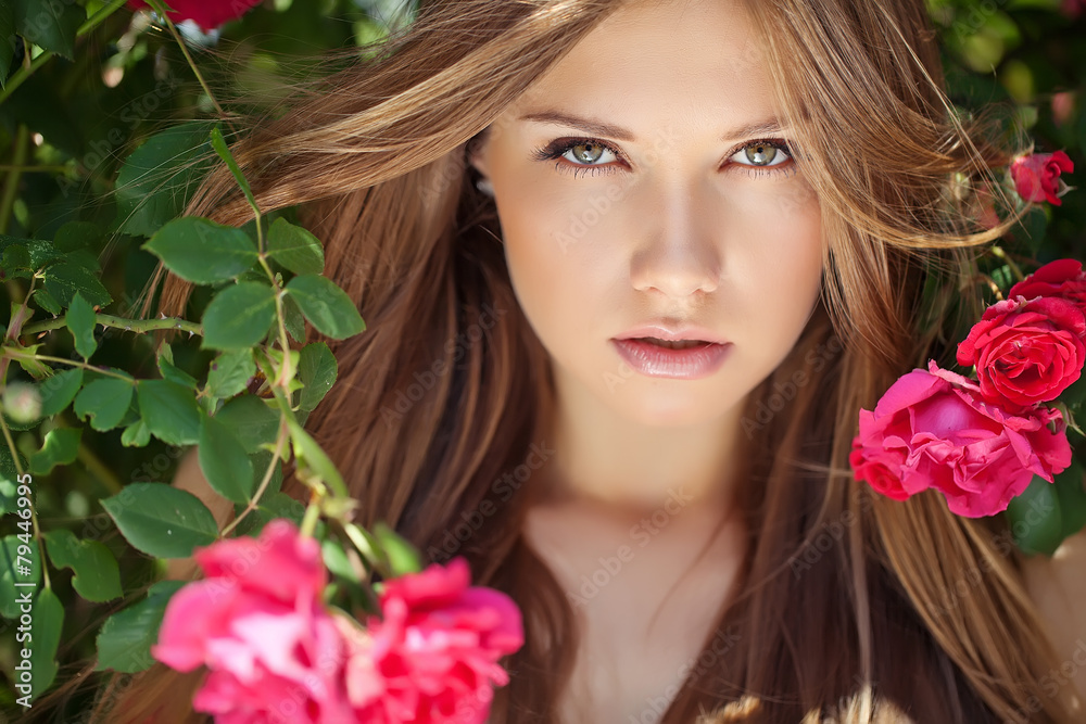 beautiful woman in pink flowers beautiful woman in pink flowers