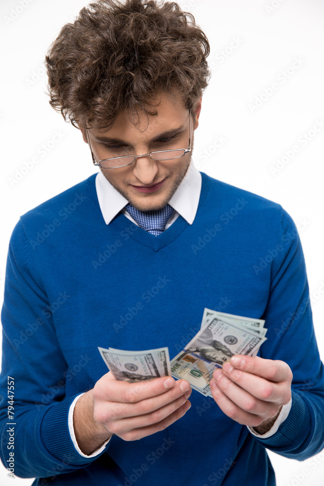 Handsome business man in glasses counting money Handsome business man in glasses counting money