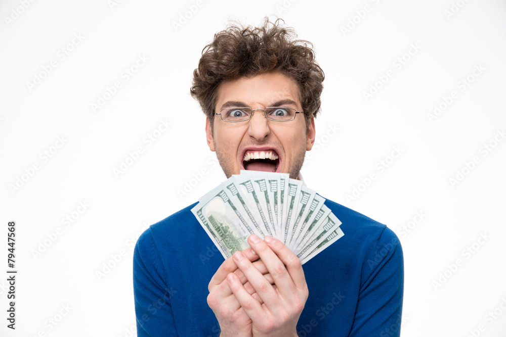 Cheerful man with glasses holding money over white background Cheerful man with glasses holding money over white background