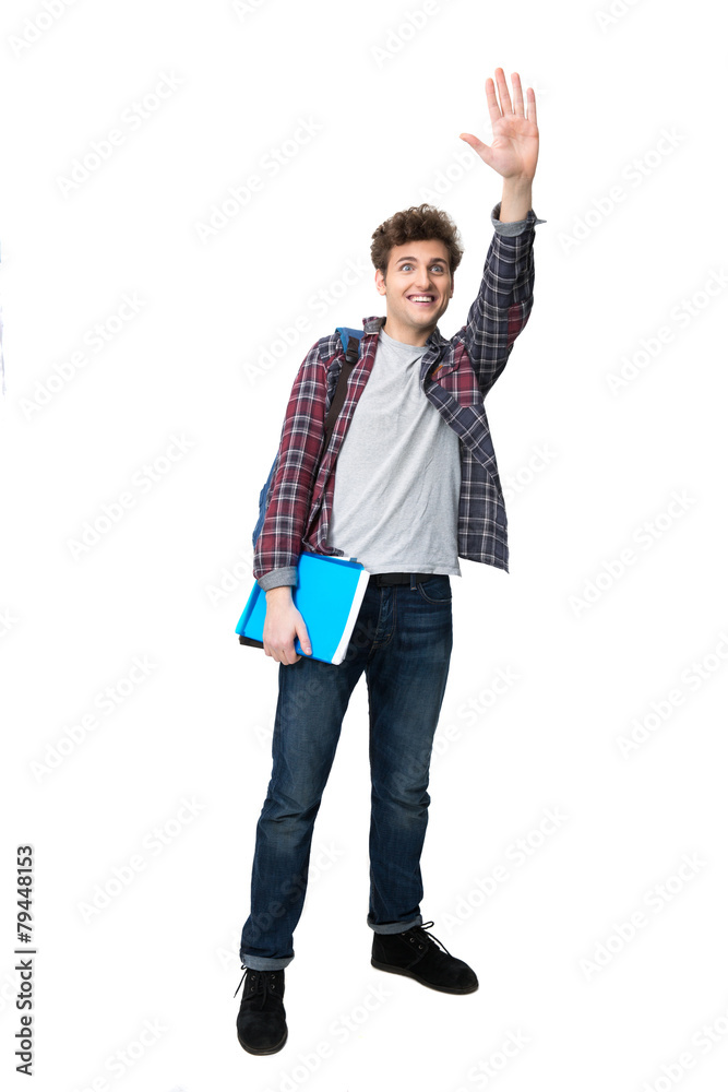 Full length portrait of a young male student waving his hand Full length portrait of a young male student waving his hand