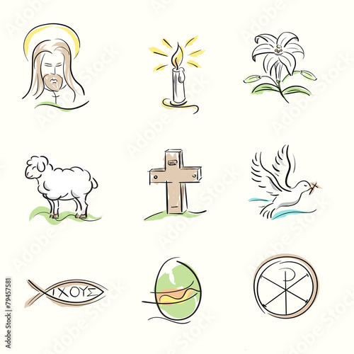 Set of Easter Christian symbols and spring illustrations