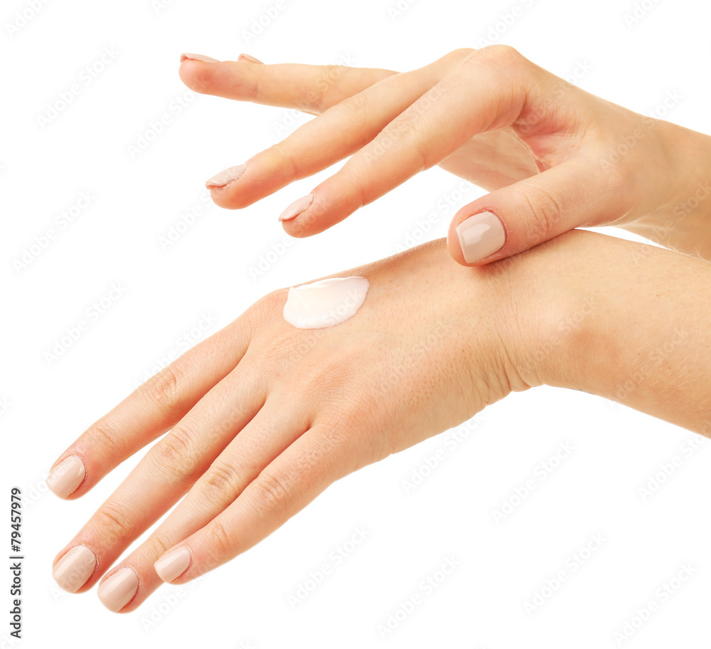 Woman caring hands with cream isolated on white Woman caring hands with cream isolated on white