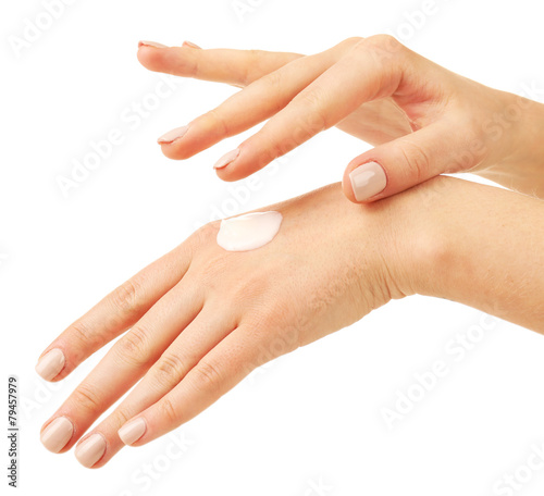 Woman caring hands with cream isolated on white