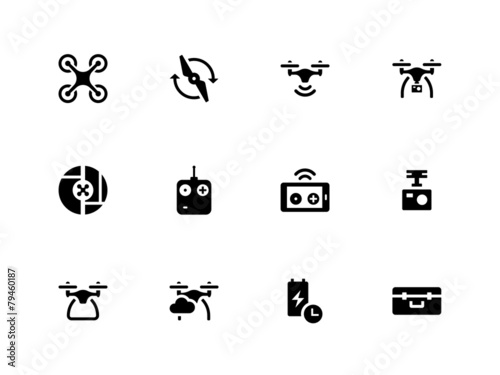 Quadcopter and flying drone icons on white background.