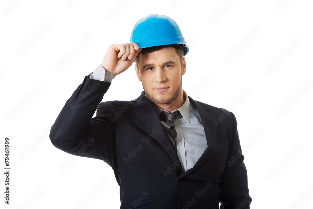 Happy businessman with blue hard hat. Happy businessman with blue hard hat.