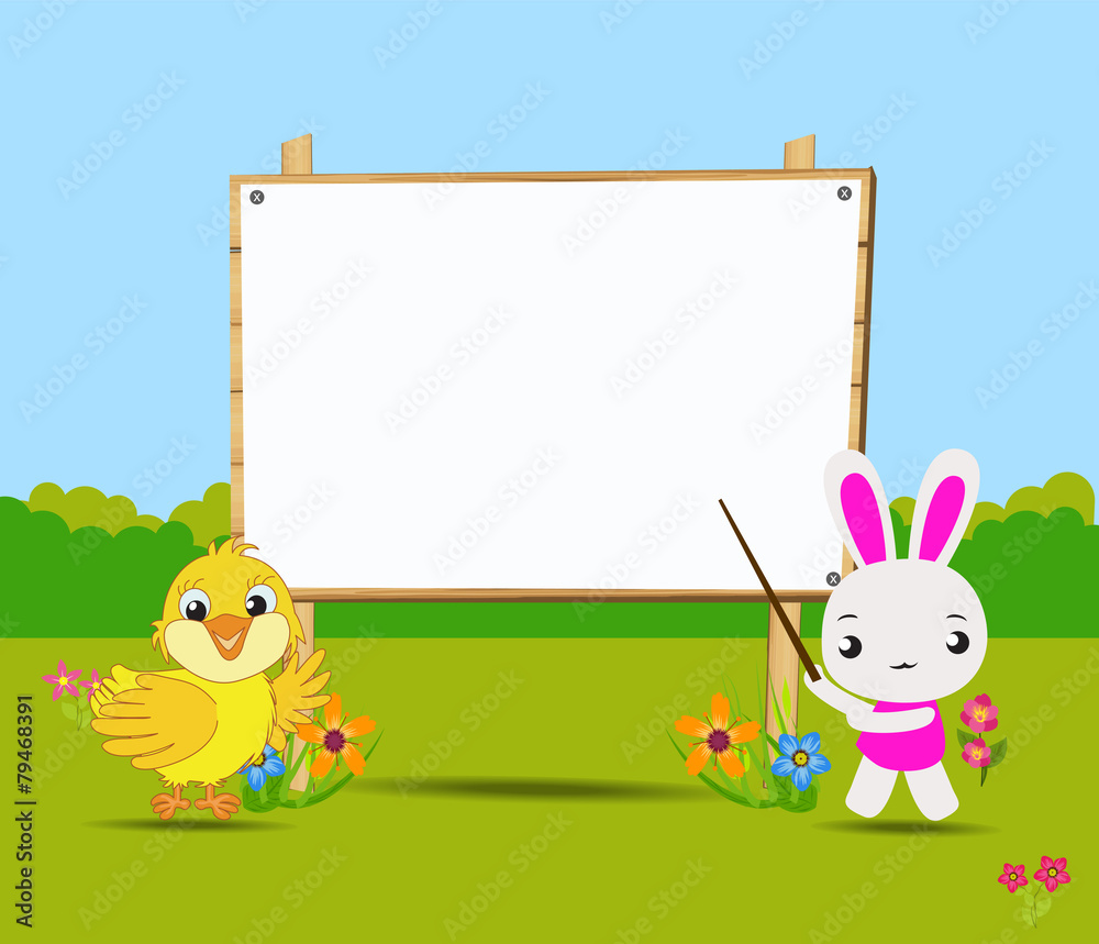 Happy Easter card with chick and rabbits nearby wood board Happy Easter card with chick and rabbits nearby wood board