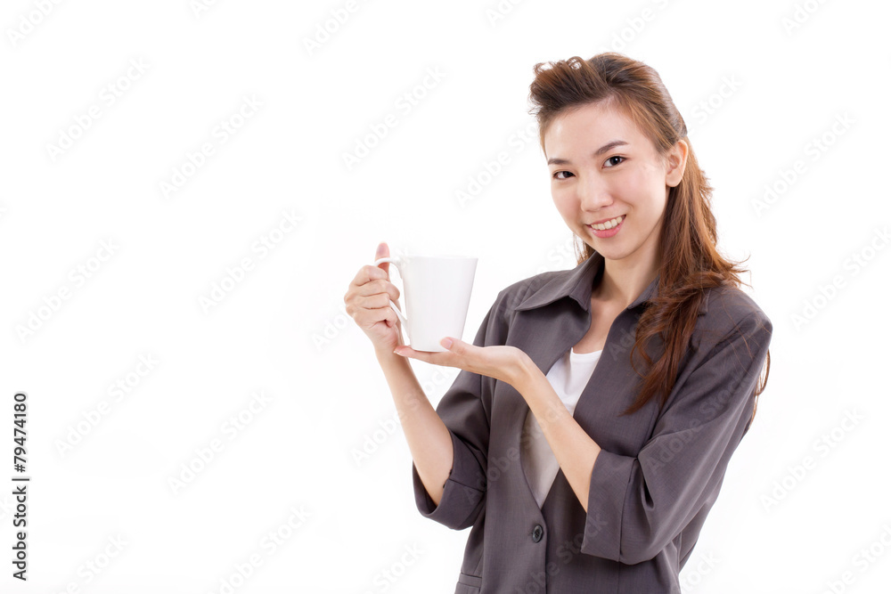 young woman business executive with coffee or tea cup, concept o