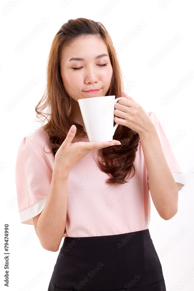 female barista, bartender or housewife smelling coffee aroma female barista, bartender or housewife smelling coffee aroma