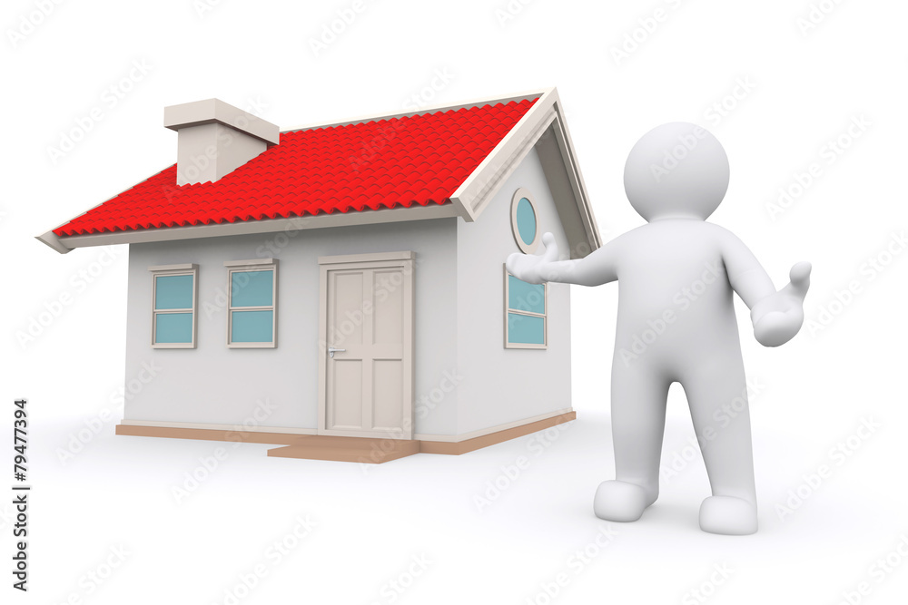 White man standing present house with clipping path. White man standing present house with clipping path.