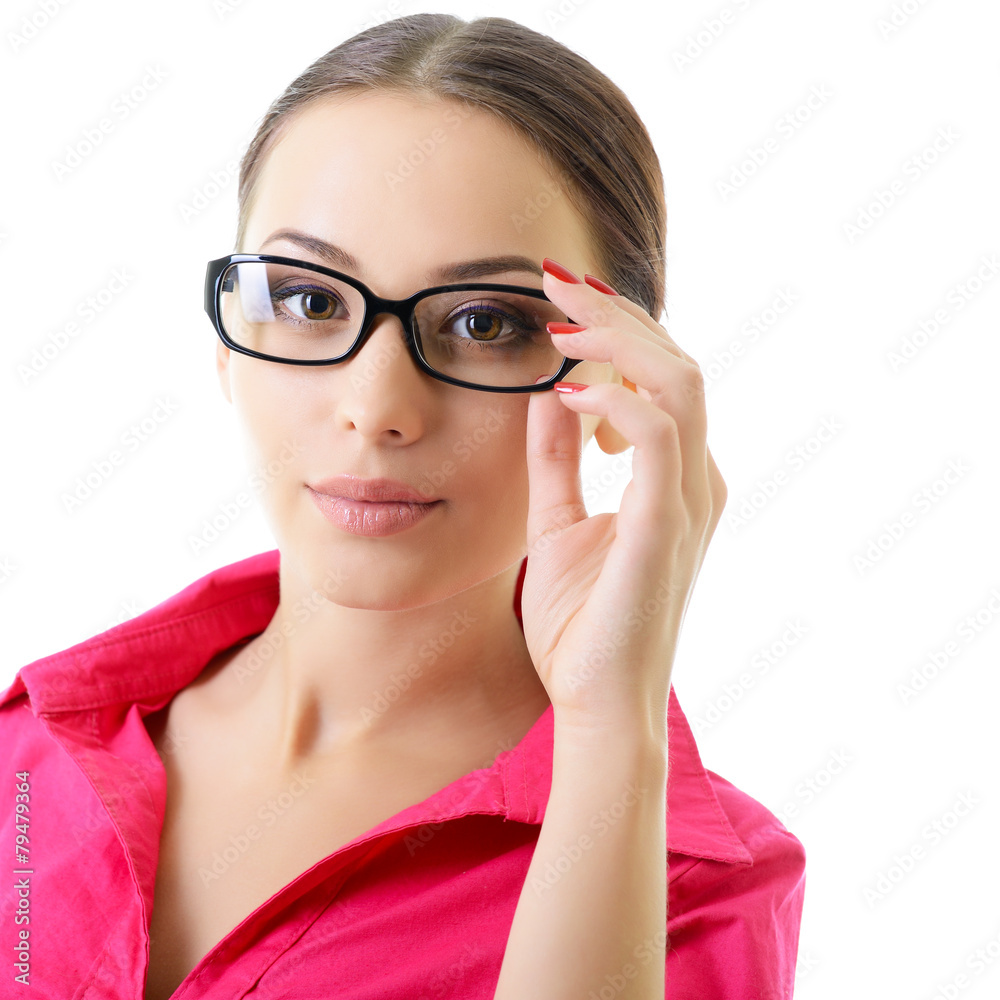 Business woman in glasses over white.