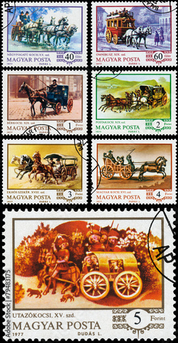 Stamps printed in the Hungary show hungarian coach