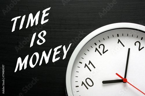 Time Is Money concept with a clock and blackboard