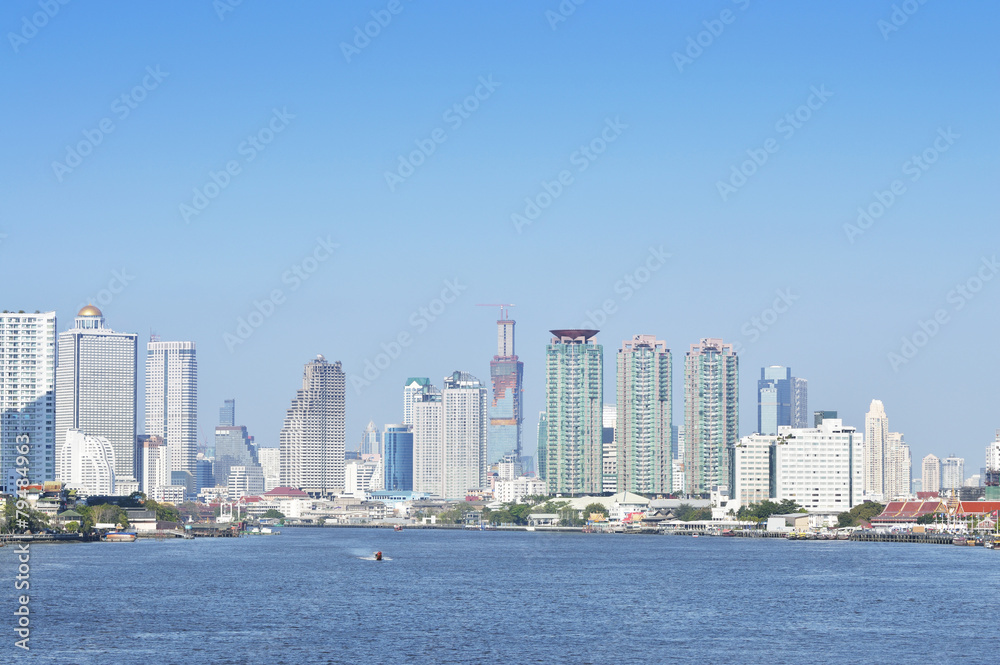 Fototapeta premium Business district cityscape with blue sky, Bangkok
