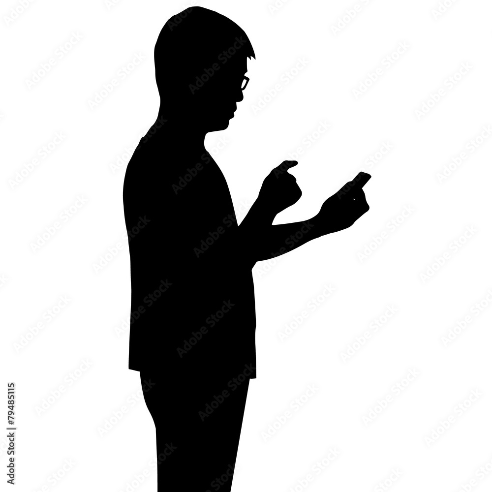 Silhouette man looking at smartphone on hand