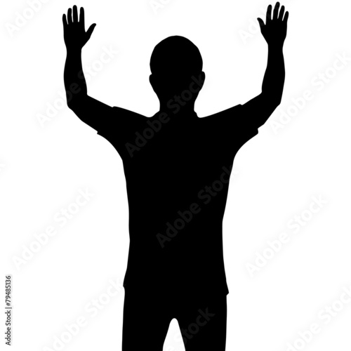 Silhouette man with show his hands up isolated on white backgrou