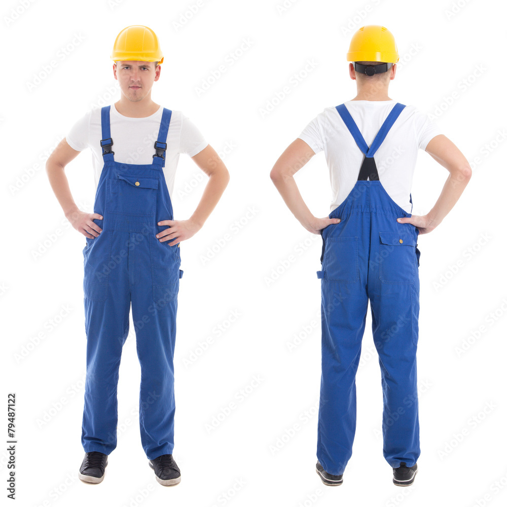 front and back view of young man in blue builder uniform isolate front and back view of young man in blue builder uniform isolate