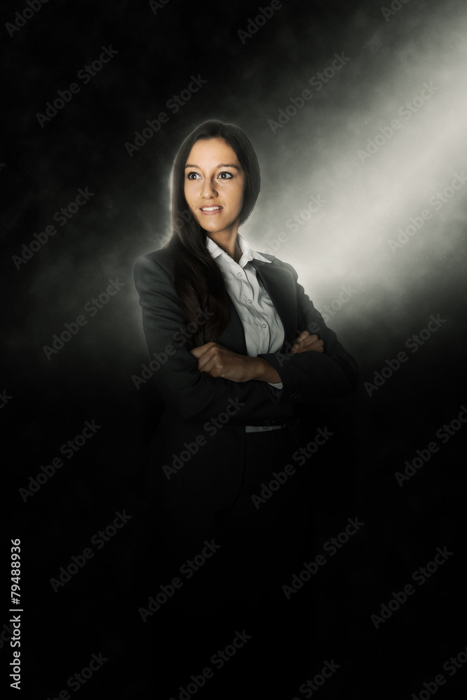 Young Office Woman Illuminated with Light on Black Young Office Woman Illuminated with Light on Black