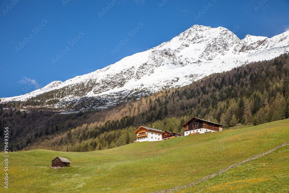 Berghütten und schneebedeckte Berge
